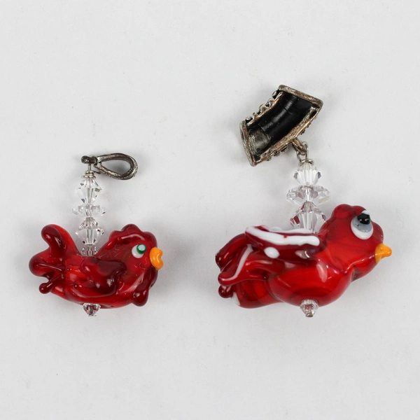 Lot of 2 Red Chicken Glass Pendants Charm and Bar Style