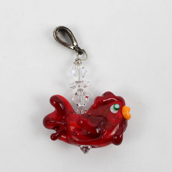 Lot of 2 Red Chicken Glass Pendants Charm and Bar Style
