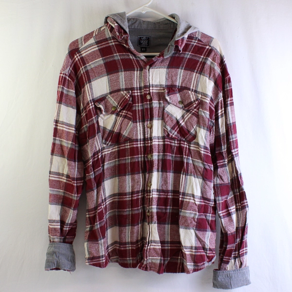 Black Jack Red and Gray Plaid Hooded Button-Up XL FLAWED