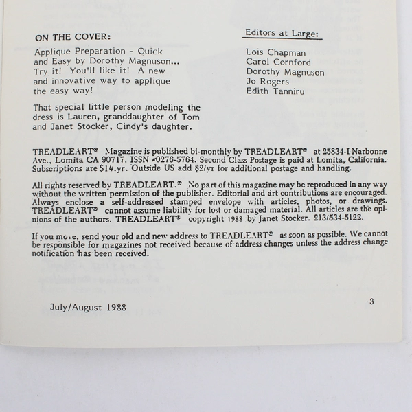 Vintage TreadleArt Magazine Volume 11 July/August 1988 Sewing Machine Art