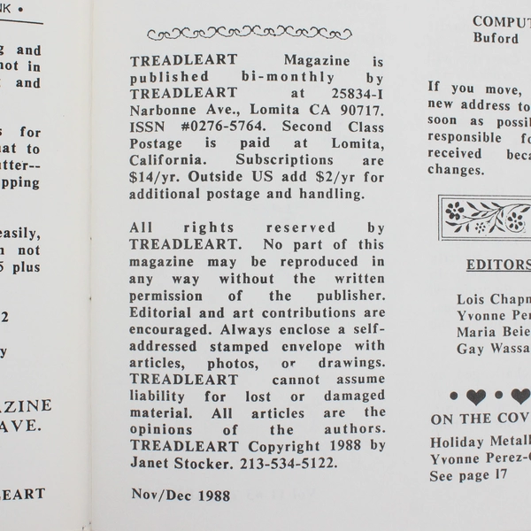 Vintage TreadleArt Magazine Volume 11 Nov/Dec 1988 Sewing Machine Art