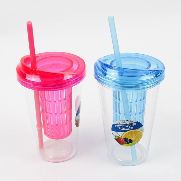 Lot Of 2 Greenbrier International Fruit Infuser Tumbler Clear Pink/Blue 20 Oz