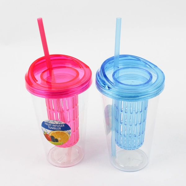 Lot Of 2 Greenbrier International Fruit Infuser Tumbler Clear Pink/Blue 20 Oz