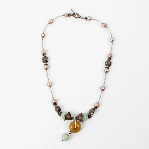 Women's Beaded Pearl Necklace Toggle Clasp 17"