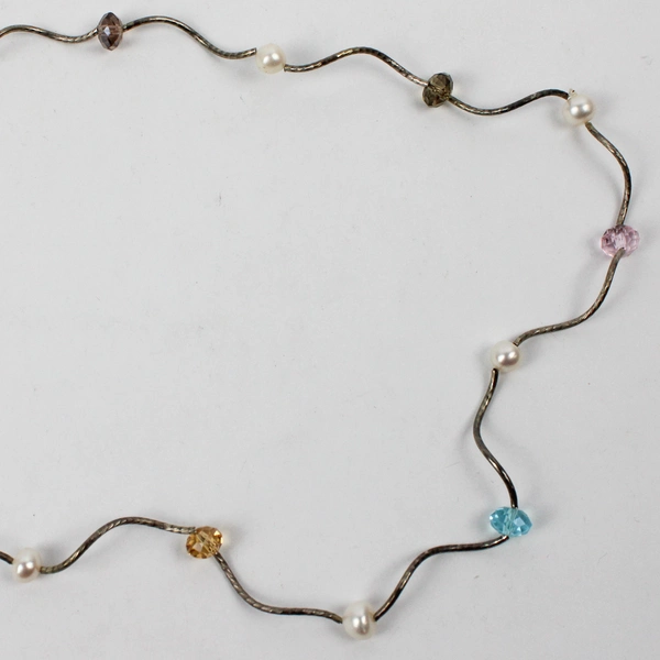 Silver Tone Faux Pearl Beaded Station Necklace 26"