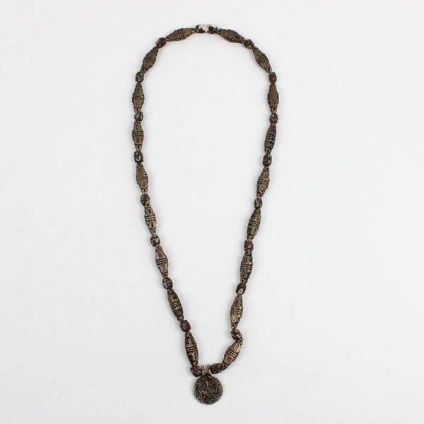 Bronze Toned Beaded Necklace with Decorative Medallion Pendant