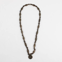 Bronze Toned Beaded Necklace with Decorative Medallion Pendant