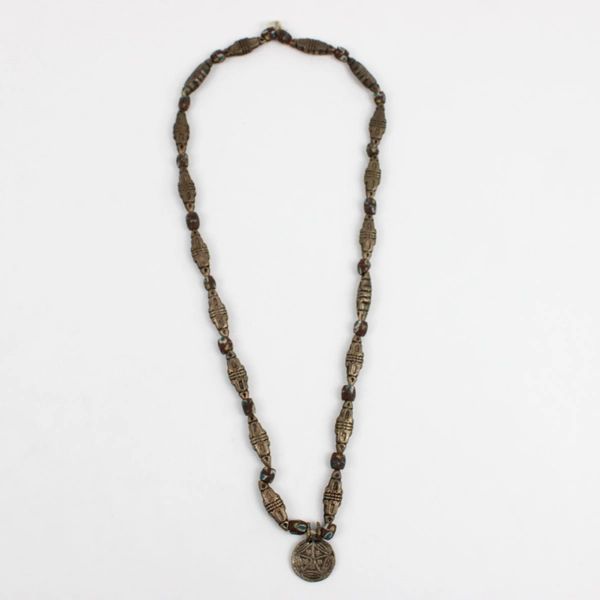 Bronze Toned Beaded Necklace with Decorative Medallion Pendant
