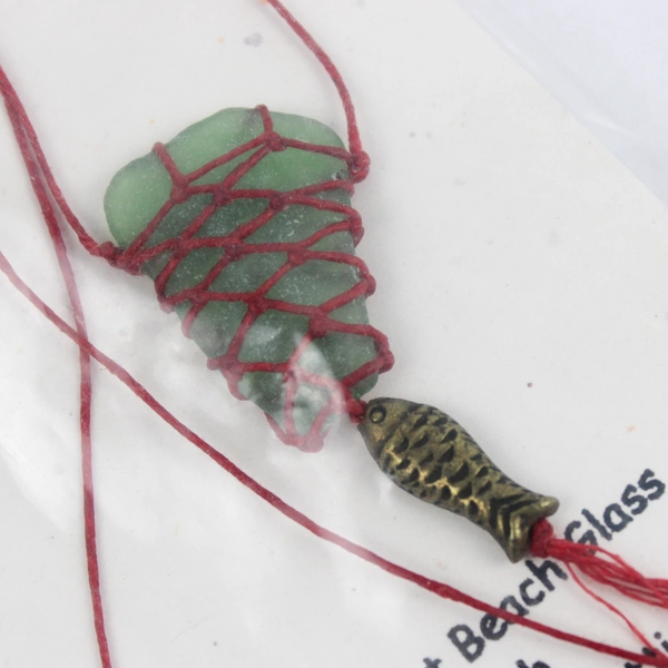 Northwest Green Beach Glass Wax Linen Netting Beaded Necklace