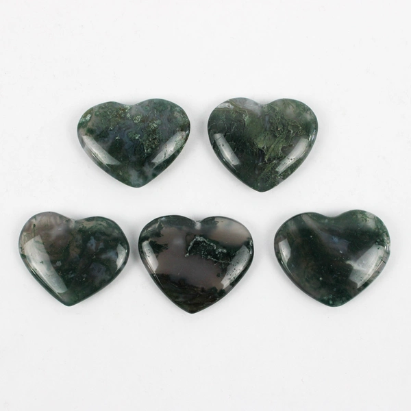 Lot of 5 Polished Heart-Shaped Moss Agate Beads DIY Jewelry Making
