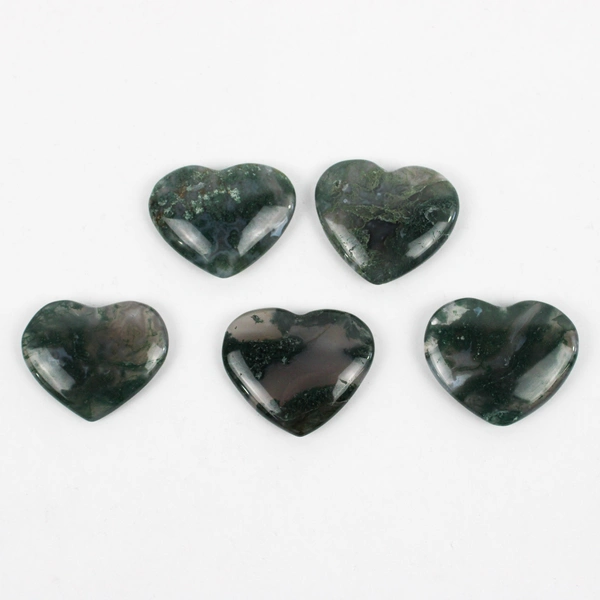 Lot of 5 Polished Heart-Shaped Moss Agate Beads DIY Jewelry Making