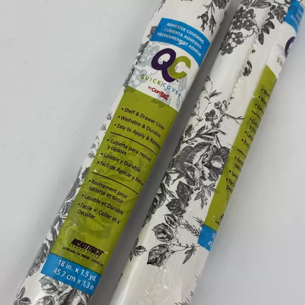 Lot of 2 Rolls Black & White Rose Toile Vinyl Wall Shelf Liner Peel & Stick