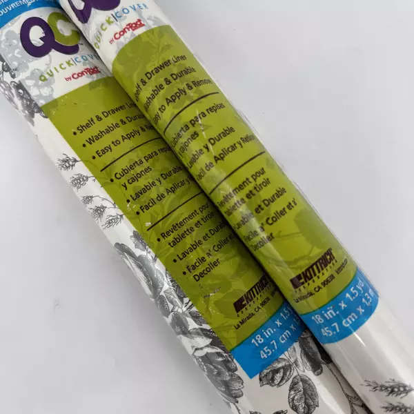 Lot of 2 Rolls Black & White Rose Toile Vinyl Wall Shelf Liner Peel & Stick