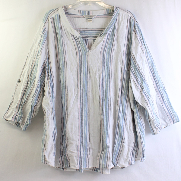CJ Banks Multicolor Striped 3/4-Sleeve Linen Blend Blouse Women's Size 3X