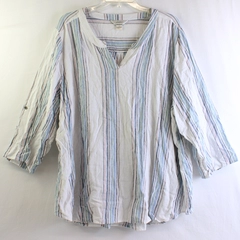 CJ Banks Multicolor Striped 3/4-Sleeve Linen Blend Blouse Women's Size 3X