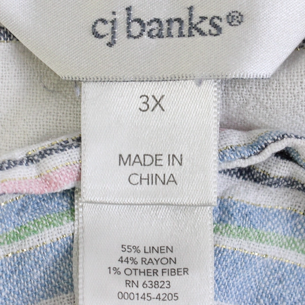 CJ Banks Multicolor Striped 3/4-Sleeve Linen Blend Blouse Women's Size 3X