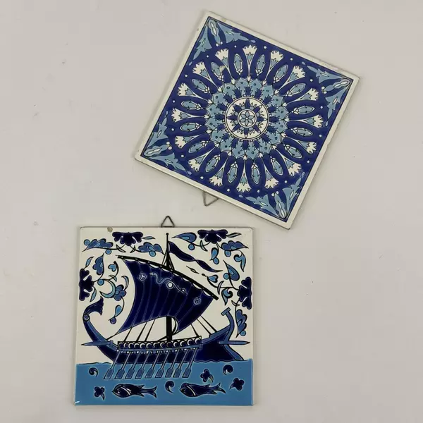 Set of 2 H&R Philkeram Johnson Hand Painted Ceramic Tiles Greece Ship And Floral