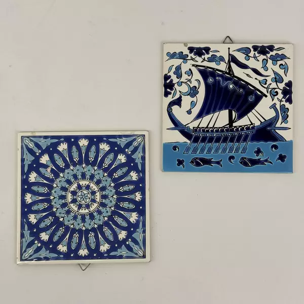 Set of 2 H&R Philkeram Johnson Hand Painted Ceramic Tiles Greece Ship And Floral