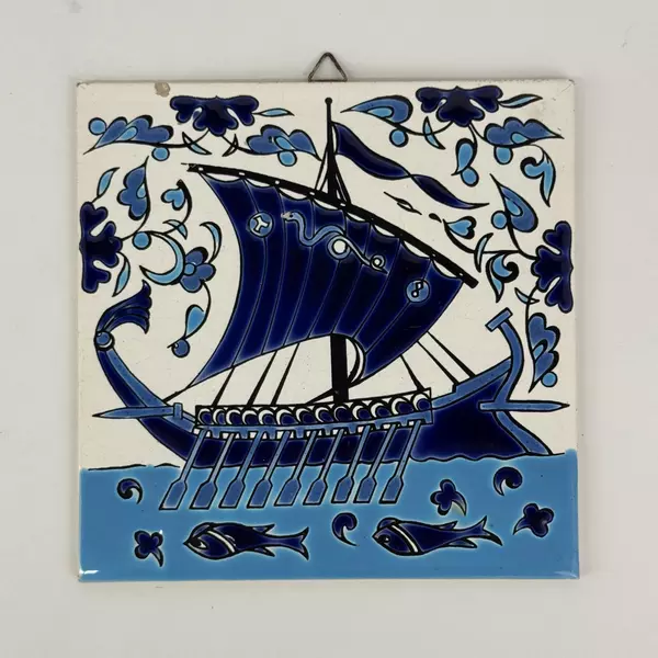 Set of 2 H&R Philkeram Johnson Hand Painted Ceramic Tiles Greece Ship And Floral