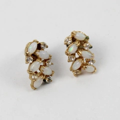 Opal Leaf Cluster Pierced Earrings Opalescent and Tiny Rhinestones