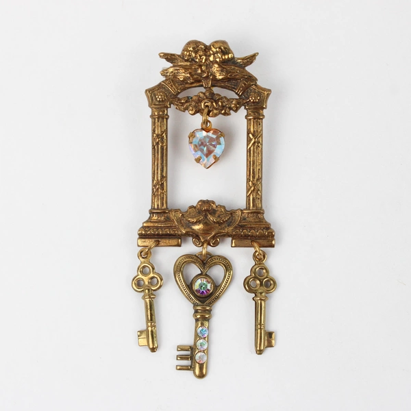 Vintage Brooch Charm Dangle Skeleton Key Heart Pink Opalescent Crystal in Bezel