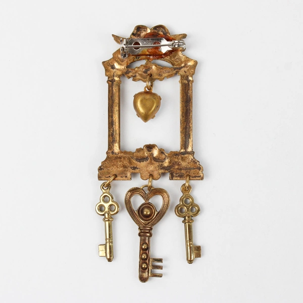 Vintage Brooch Charm Dangle Skeleton Key Heart Pink Opalescent Crystal in Bezel