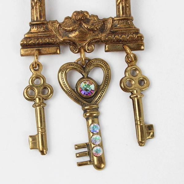 Vintage Brooch Charm Dangle Skeleton Key Heart Pink Opalescent Crystal in Bezel