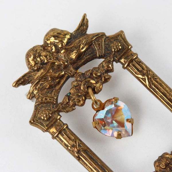 Vintage Brooch Charm Dangle Skeleton Key Heart Pink Opalescent Crystal in Bezel