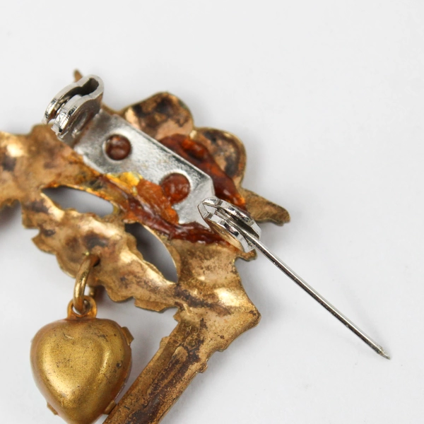 Vintage Brooch Charm Dangle Skeleton Key Heart Pink Opalescent Crystal in Bezel