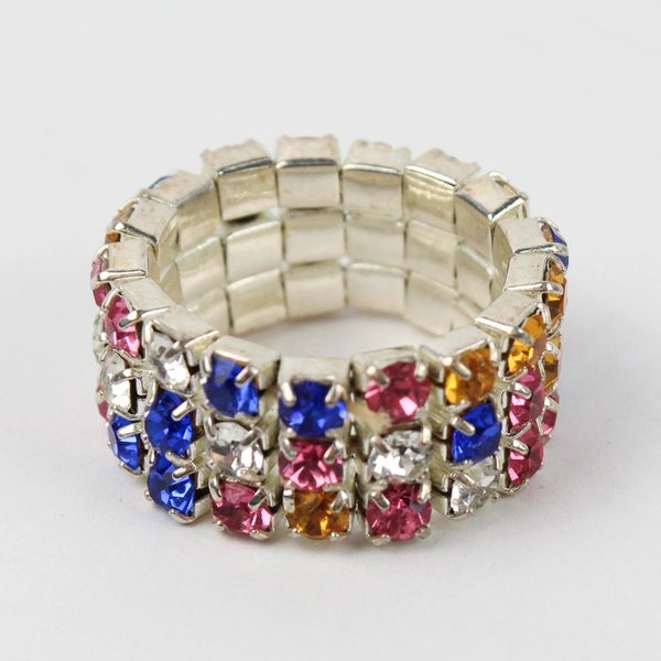 Multicolor 3 Row Rhinestone Stretch Ring Silver Tone Band Adjustable