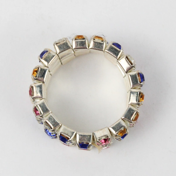 Multicolor 3 Row Rhinestone Stretch Ring Silver Tone Band Adjustable
