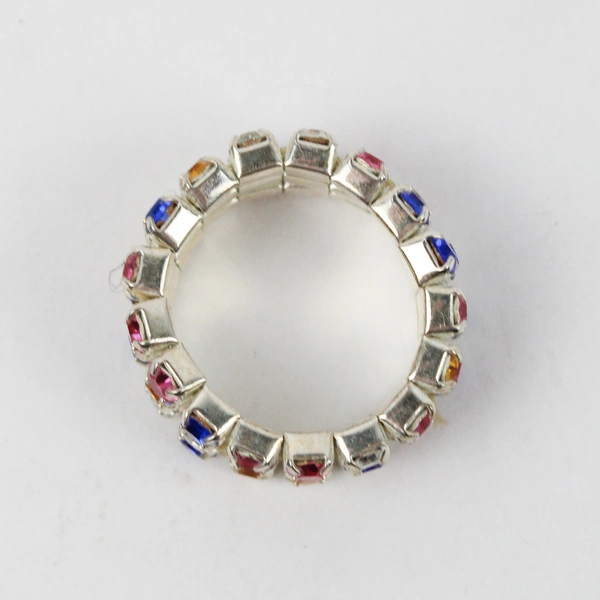 Multicolor 3 Row Rhinestone Stretch Ring Silver Tone Band Adjustable