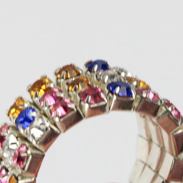 Multicolor 3 Row Rhinestone Stretch Ring Silver Tone Band Adjustable