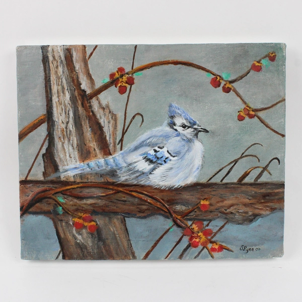 2006 Signed Winter Blue Jay Original Acrylic Painting On Canvas 9 3/4" x 8"