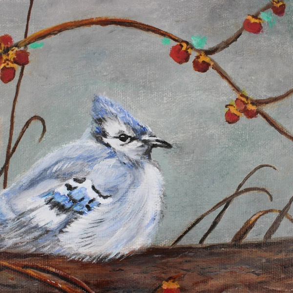 2006 Signed Winter Blue Jay Original Acrylic Painting On Canvas 9 3/4" x 8"