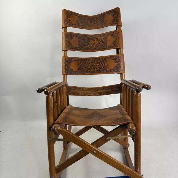 Vintage Leather Embossed Costa Rica Rocking Chair 45" Foldable