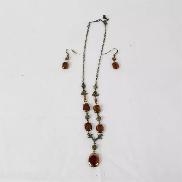 3 Pc Set Art Nouveau-Style Necklace Earrings Cognac Brown Glass Beads