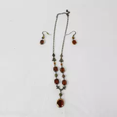 3 Pc Set Art Nouveau-Style Necklace Earrings Cognac Brown Glass Beads