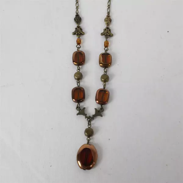3 Pc Set Art Nouveau-Style Necklace Earrings Cognac Brown Glass Beads