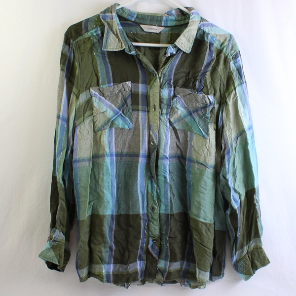 CJ Banks Green and Blue Plaid Button-Up Women's Size XL
