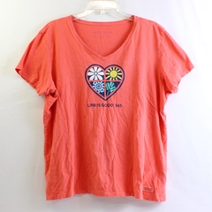 Life Is Good Coral Pink V-Neck T-Shirt Women's Size XL FLAWED