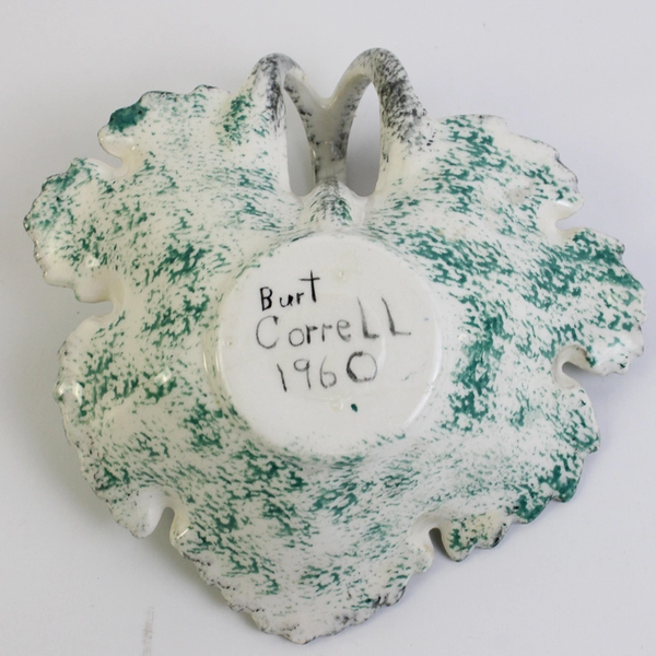 Retro Speckle Glazed Green Leaf Dish Signed by Burt Correll 1960