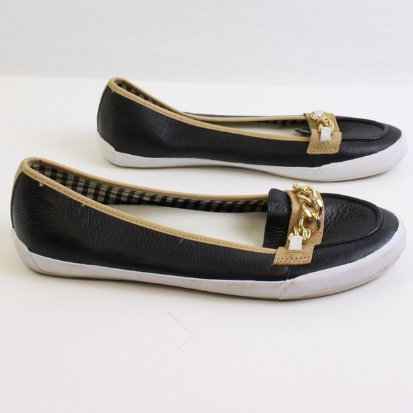 Liz Claiborne Black/White Leather Blair Loafer Gold Chain Detail Women's Size 8M