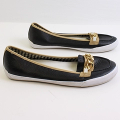 Liz Claiborne Black/White Leather Blair Loafer Gold Chain Detail Women's Size 8M