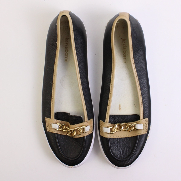 Liz Claiborne Black/White Leather Blair Loafer Gold Chain Detail Women's Size 8M