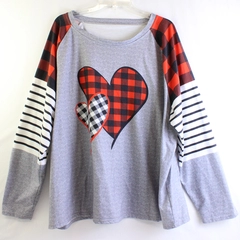 Red Gray Black Check and Striped Long-Sleeve T-Shirt Women's 5XL
