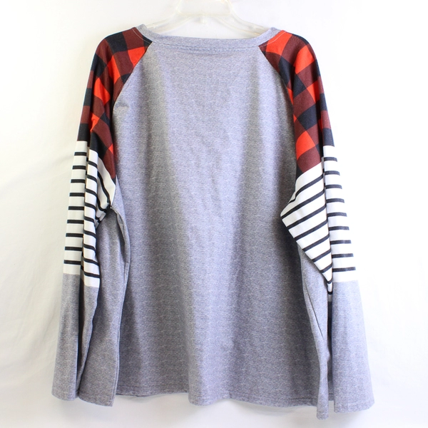 Red Gray Black Check and Striped Long-Sleeve T-Shirt Women's 5XL