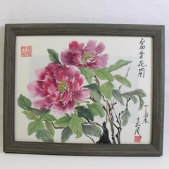 Framed Sumi-e Pink Peony Flower Original Chinese Brush Painting 16" x 13"