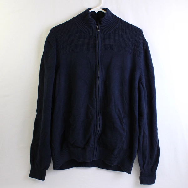Van Heusen Navy Blue Full Zip Cotton Mock Neck Sweater Men's Size Large