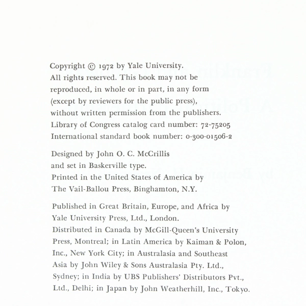 Franklin and Galloway A Political Partnership by Benjamin H Newcomb 1972 HC DJ